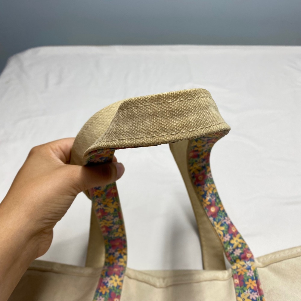 LL Bean Boat and Tote Canvas Bag Floral Print Trim Zip Top Cream Multi Large - Picture 5 of 10